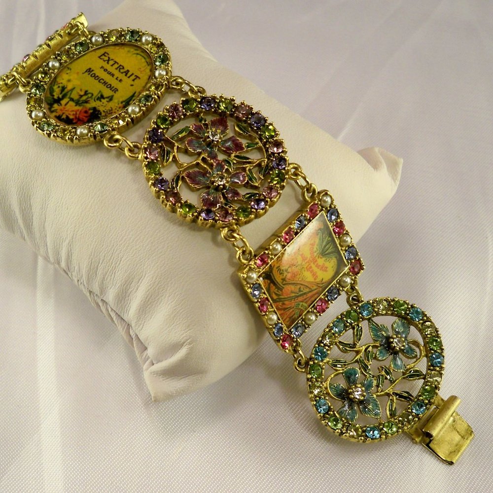 NEW Rare Sweet Romance Crystals Floral French Victorian Gold Vintage Bracelet